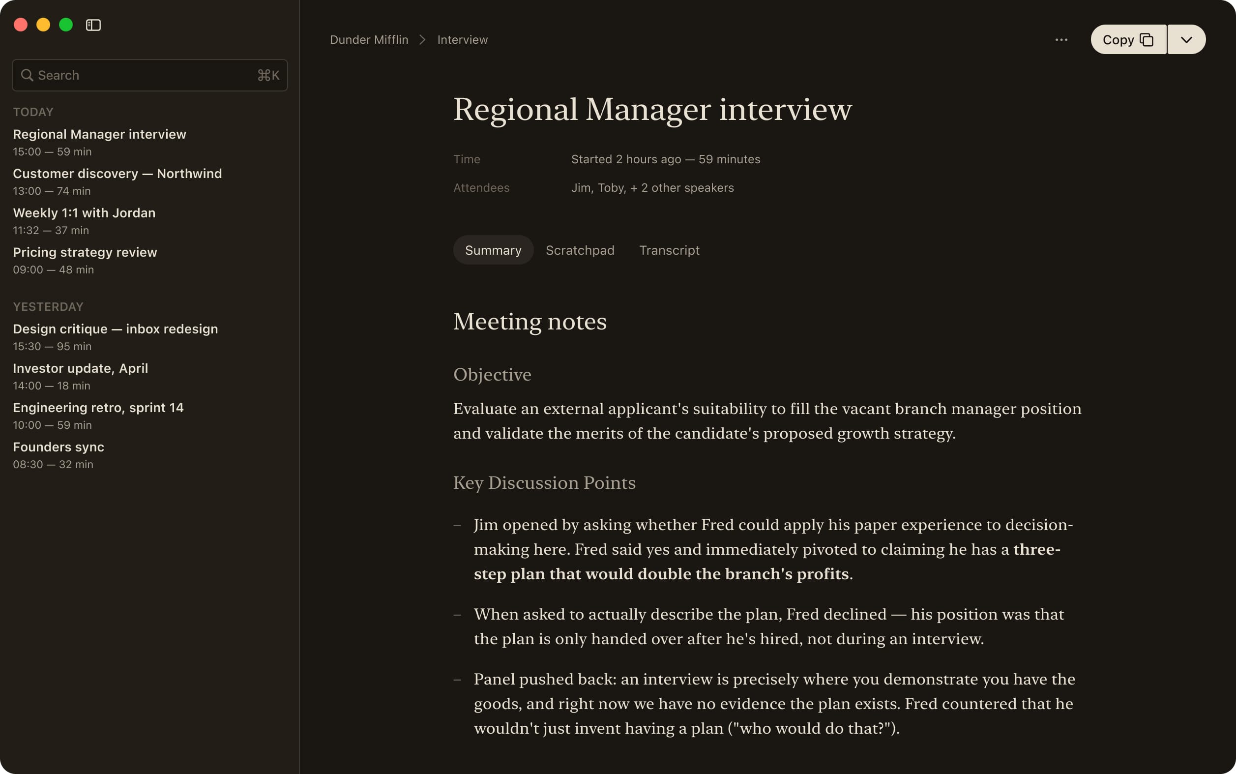 The Sofer summary view: meeting notes with linked source lines, alongside a Library of past meetings, in dark mode.